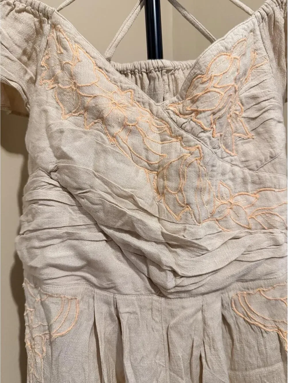 Free People Embroidered Off Shoulder Jumpsuit Beige Size 6